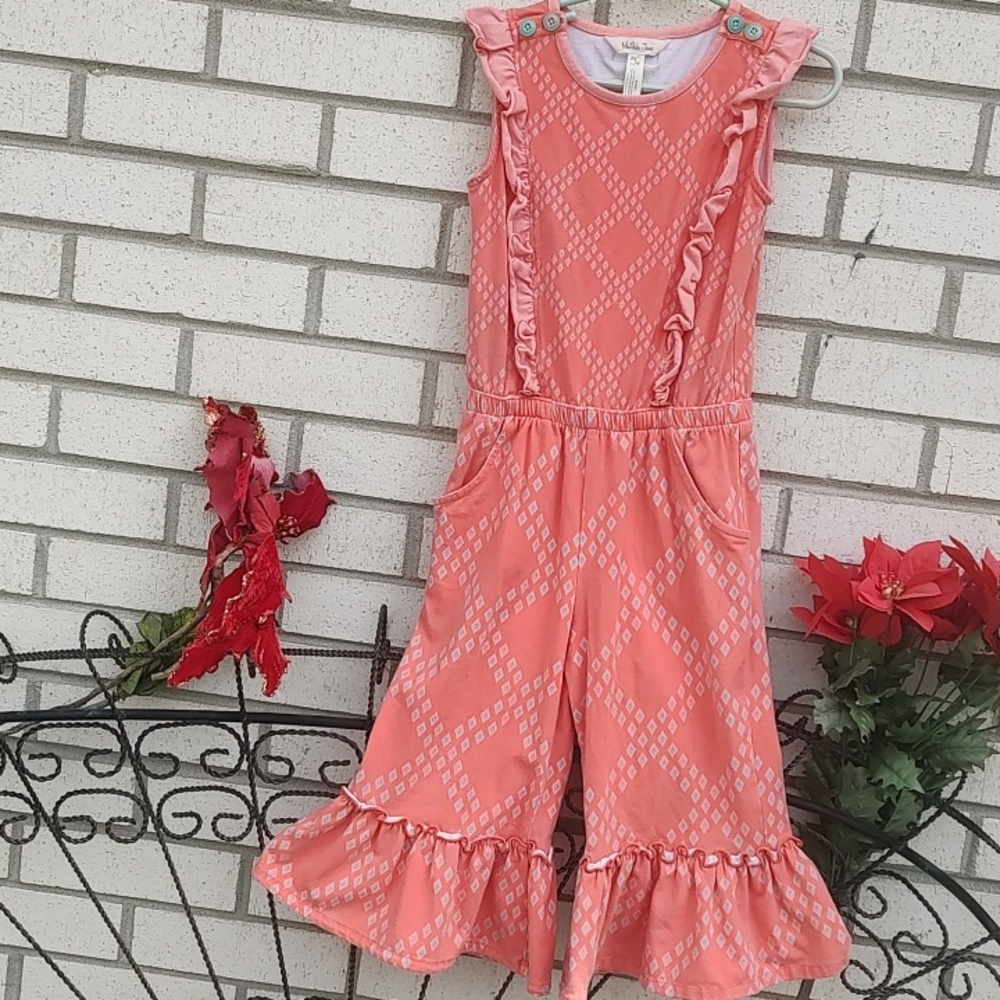Coral Pink Ruffle Diamond-Print, Jumpsuit